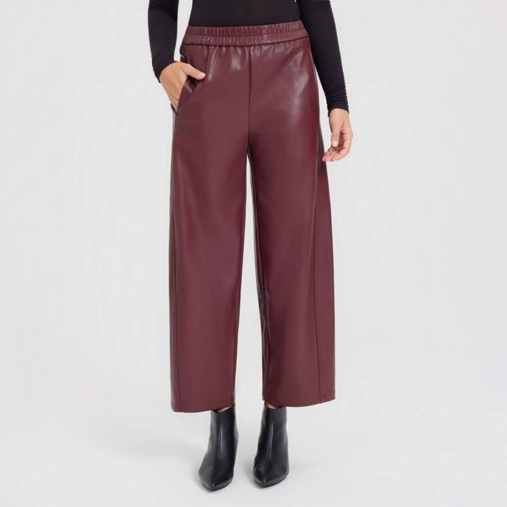 Women's Mid-Rise Barrel Leg Faux Leather Pull-On Pants - A New Day Burgundy S